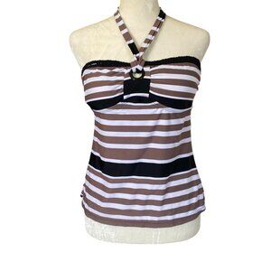 Island Waves women's size 8 black brown white striped tie neck tankini swimsuit